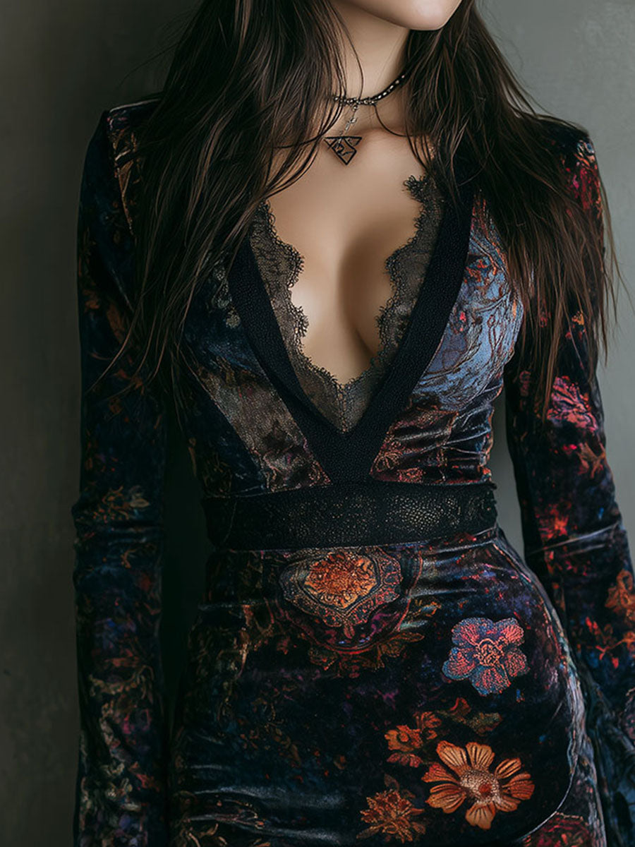 Marisol™ | Boho Floral Velvet Mini Dress