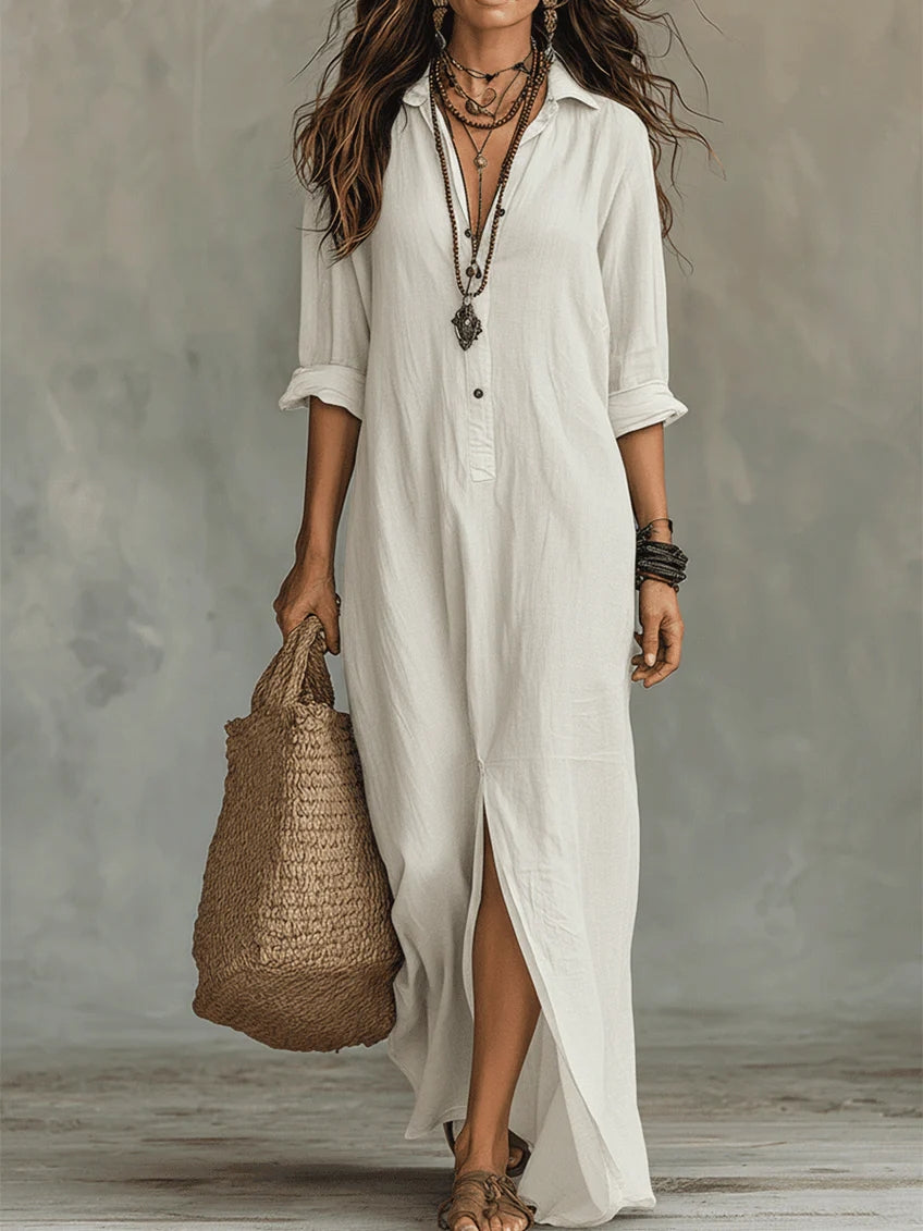 The Celine™ | Fluid V-Neck Button Maxi Dress
