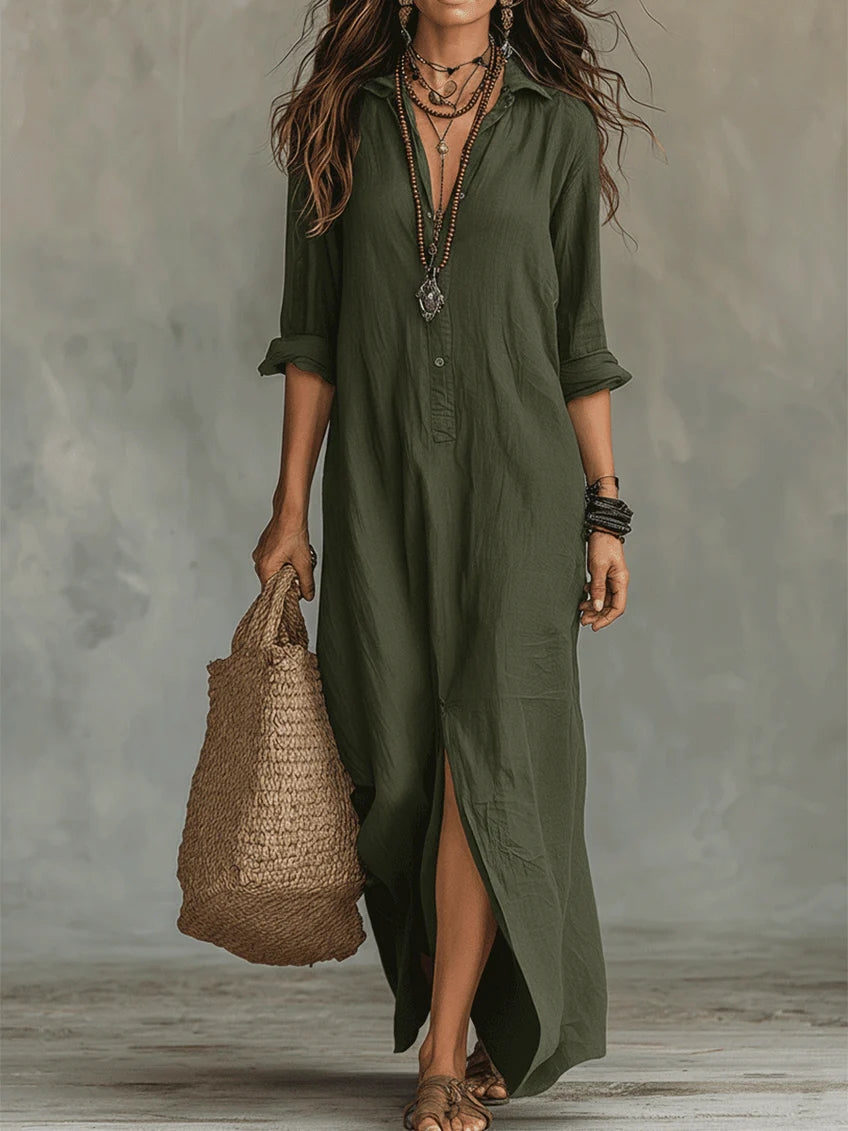 The Celine™ | Fluid V-Neck Button Maxi Dress