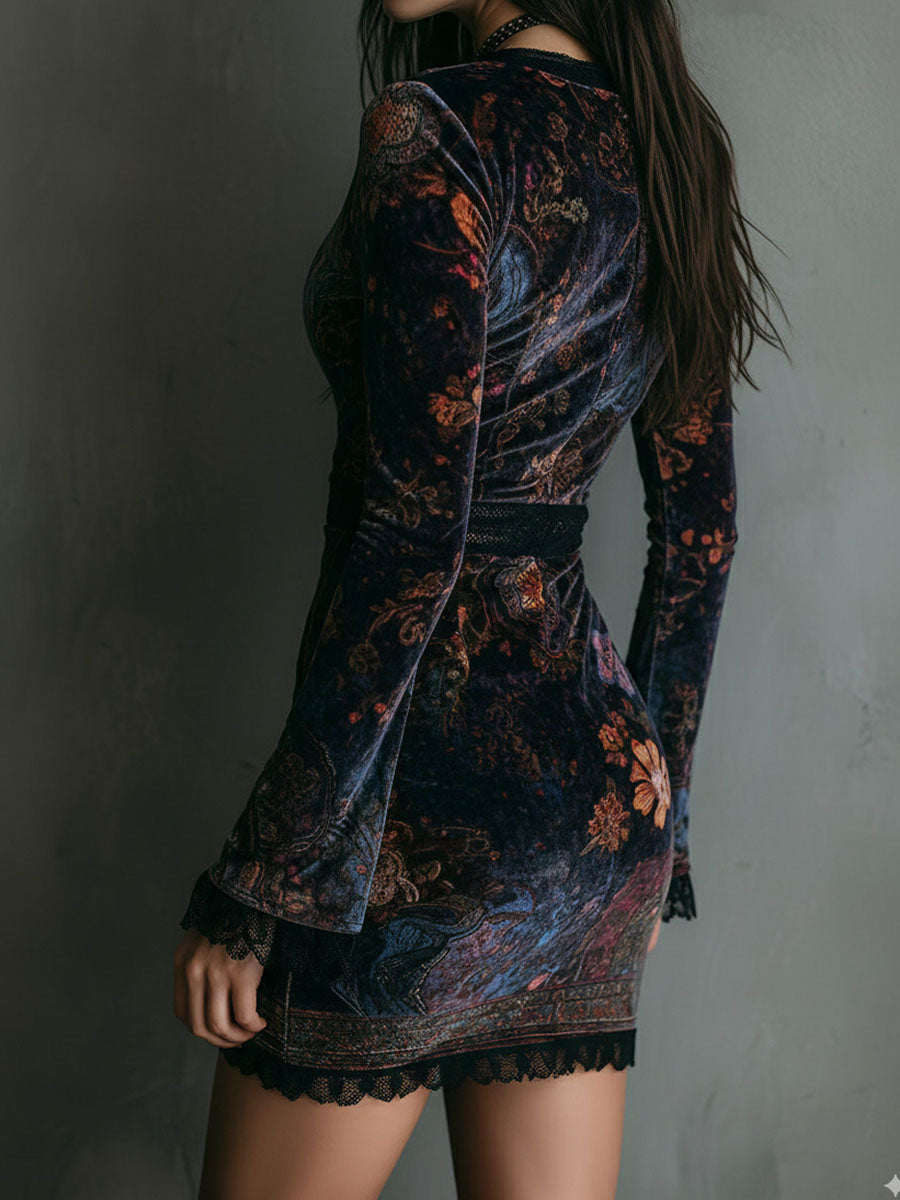 Marisol™ | Boho Floral Velvet Mini Dress