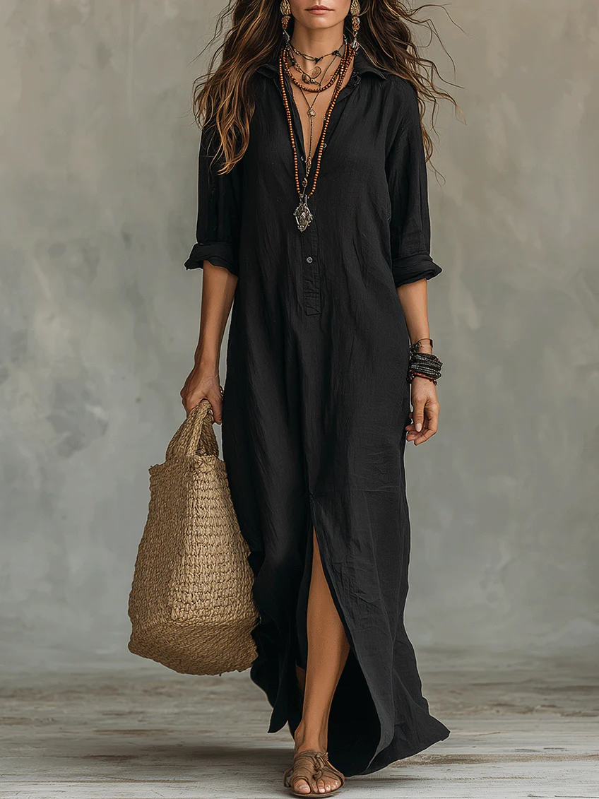 The Celine™ | Fluid V-Neck Button Maxi Dress