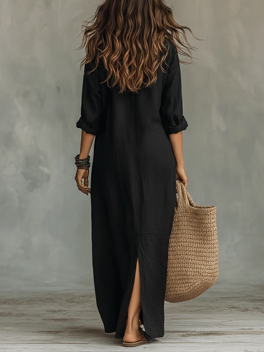 The Celine™ | Fluid V-Neck Button Maxi Dress