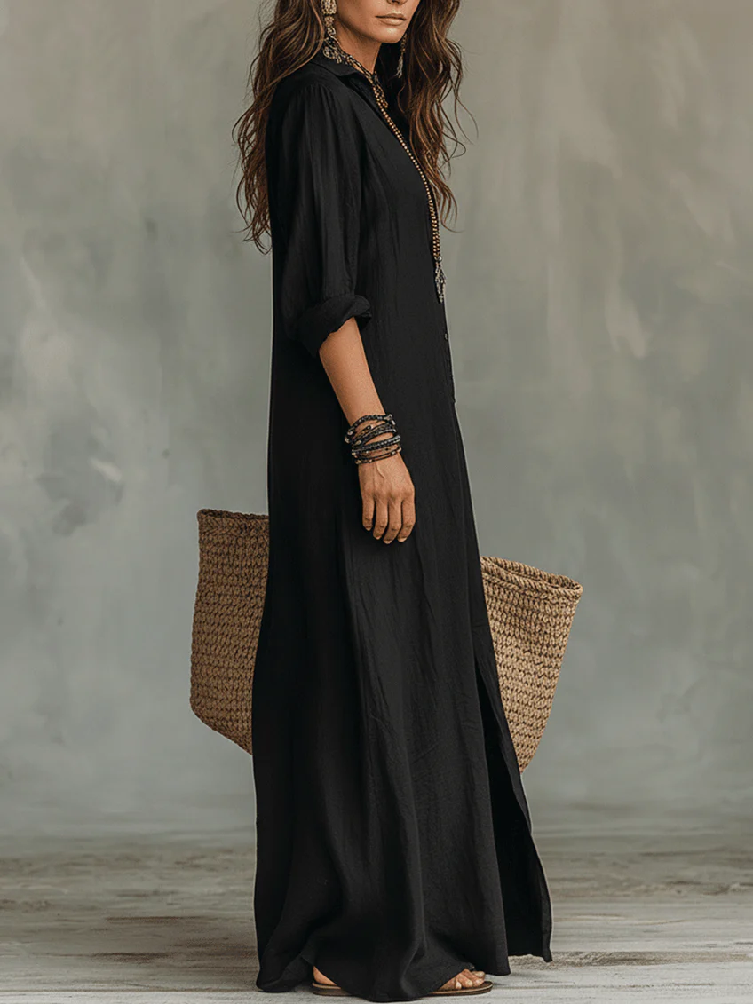 The Celine™ | Fluid V-Neck Button Maxi Dress