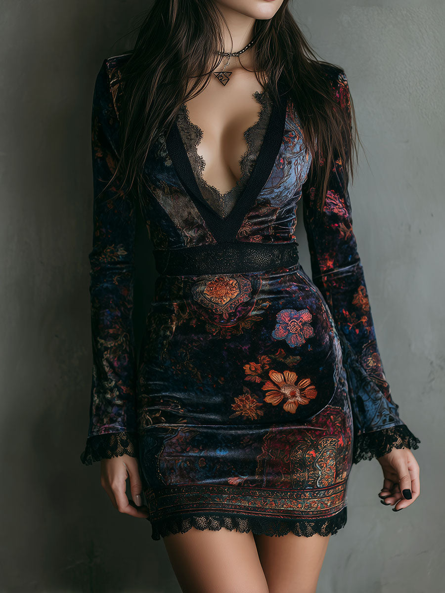 Marisol™ | Boho Floral Velvet Mini Dress