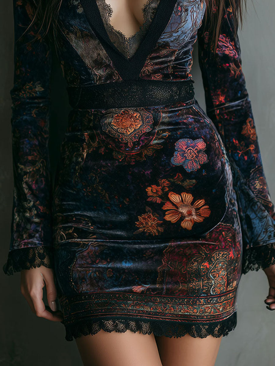 Marisol™ | Boho Floral Velvet Mini Dress